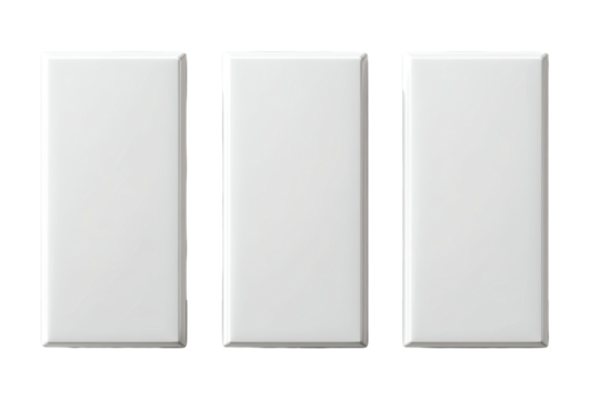 Three rectangular, vertically oriented white shapes, placed in a horizontal row on a black background