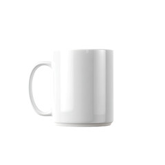 A pristine, white cylindrical ceramic coffee cup with a handle, set against a stark black background