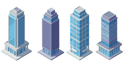 Modern isometric skyscrapers set with blue windows and contemporary design