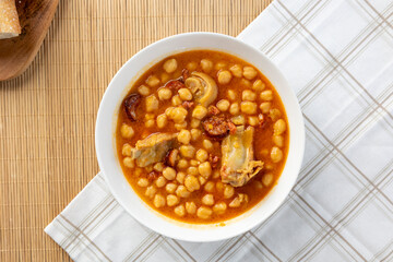 Chickpea stew with meat and chorizo, spanish food