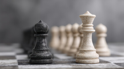 Dramatic chess game strategy on chessboard. black pawn faces white queen in tense conflict and power confrontation for leadership