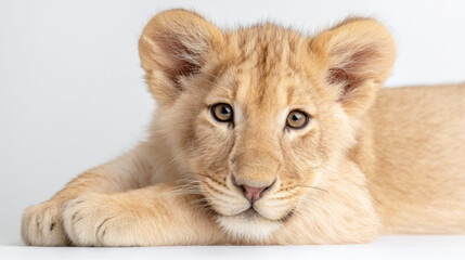 Obraz premium Cute baby lion cub, young wild animal, looking with curiosity. Isolated portrait on white background in studio with soft lighting