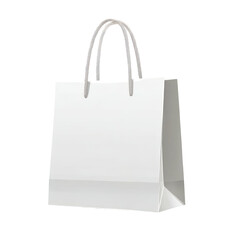 A white paper shopping bag stands upright, with sturdy rope handles, angled against a transparent backdrop