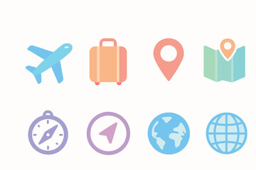 Collection of travel and navigation icons including airplane luggage map and globe