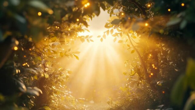 Golden sunbeams pierce through a lush, magical forest clearing with glowing lights