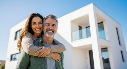 Happy Caucasian couple smiling and hugging in front of modern house on sunny day. New home ownership and real estate concept banner with copy space