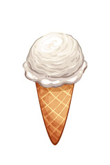 Vector realistic Ice cream scoop in bright cartoon style, milk, vanilla or other white ball in waffle cone isolated on white background, Sweet summer dessert illustration for candy shop, fresh party