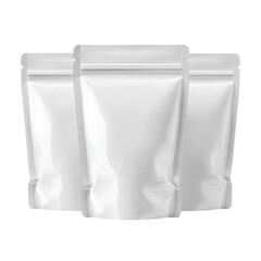 Three glossy, blank, white, upright pouches with sealed tops, rendered on black backdrop