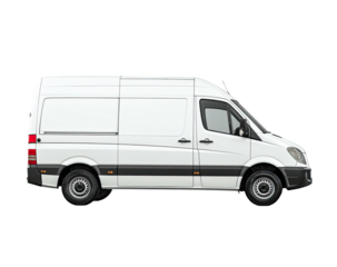 Side view of a plain white commercial van on a transparent background, perfect for various uses