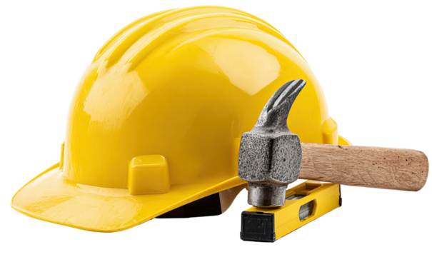 A yellow hard hat with a small hammer and a level resting next to it - Powered by Adobe