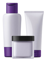 Three beauty product containers bottle, tube, and jar, all with purple accents, against black