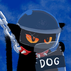 Black cat police holding a shield 