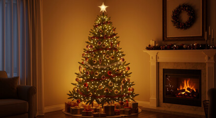 Decorated christmas tree with glowing lights and presents in cozy living room by fireplace, holiday celebration, with copy space.