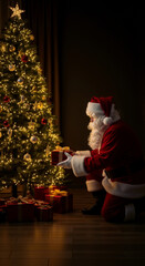 Christmas magic, Santa Claus kneeling placing red gift by illuminated Christmas tree, vertical banner with copy space