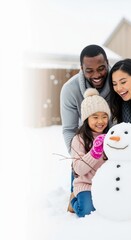 Happy diverse family Black African American man East Asian woman East Asian girl child smiling building snowman outdoors snow winter fun, vertical banner with copy space