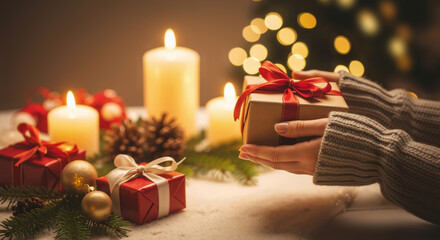 Christmas holiday giving, caucasian adult hands holding present with festive decorations, warm candlelight, blurred background, banner with copy space