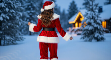 Woman santa costume back view snowy forest illuminated house, christmas holiday. Banner with copy space