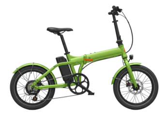 Isolated lime folding e-bike with black seat, battery, wheels and pedals for convenient transport