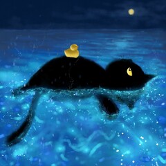A black sea creature with a rubber duck on its black swims under a full moon 