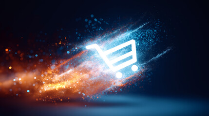 E-commerce shopping cart icon moving with speed. Futuristic digital technology concept for online retail and Cyber Monday sales