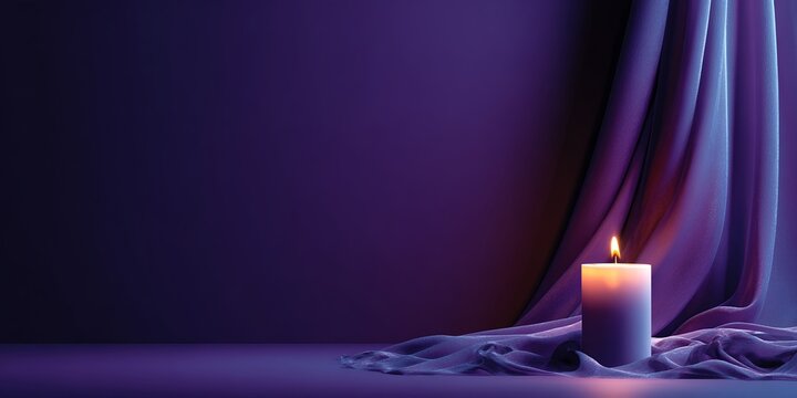 Candlelight beside soft fabric drape on purple background, elegant luxury memorial and spiritual calm scene with warm glow for condolence, funeral background, or meditation designs. - Powered by Adobe