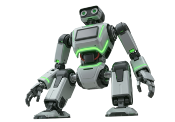 Isolated futuristic robot is squatting down, looking at you with curious eyes, standing still