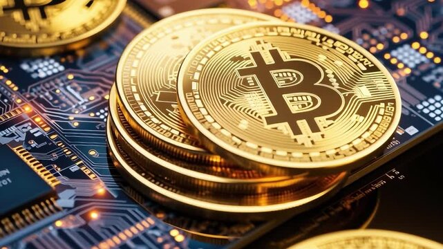 Golden Bitcoins on Circuit Board: A stack of lustrous, gold-plated bitcoins gleam atop a complex circuit board, symbolizing the convergence of digital currency and technology.