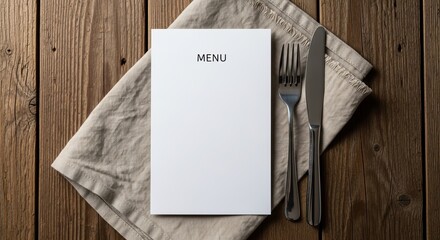 Restaurant menu blank template mockup design for food and drink presentation on wooden table with cutlery