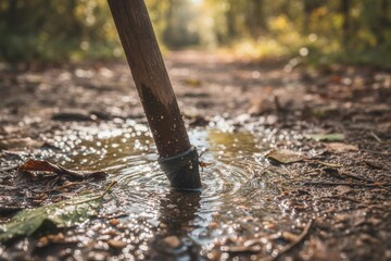 A close-up of a hiking stick touching a wet puddle on a forest trail. Ripples in the water with sparkling sunlight. Outdoor adventure and nature exploration