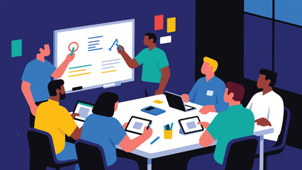 Illustration Of A Team Meeting Where Everyone Uses A Shared Digital Whiteboard, Allowing Inputs From Various Accessible Devices Vector Design Template