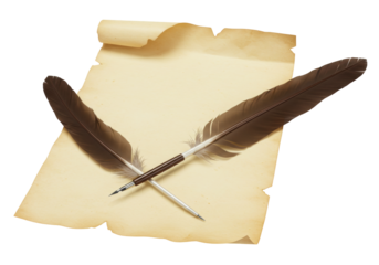 Isolated antique document with feather quill pens placed atop paper sheet in studio shot