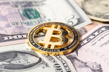Bitcoin on the background of dollar bills