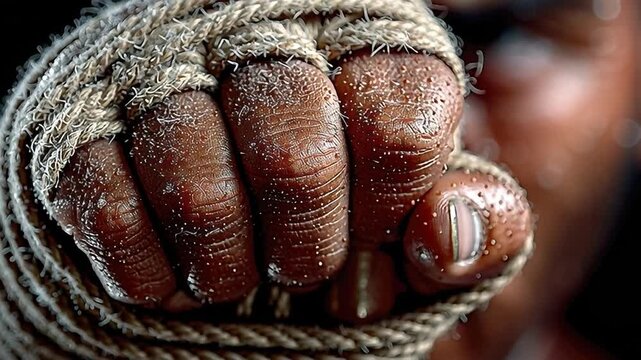 Tightly Bound: A close-up view of a clenched fist wrapped in rough rope, symbolizing constraint, struggle, or defiance, with the textures of both skin and material emphasized.