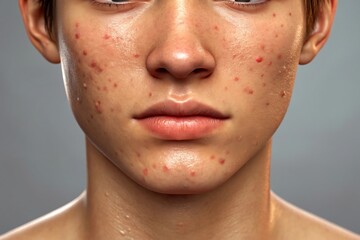 Teenage boy with acne and pimples on his face, skin problems