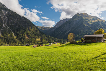 Alpine landscape in Kleinwalsertal valley, Mittelberg, Vorarlberg, Austrian Alps, Austria.
