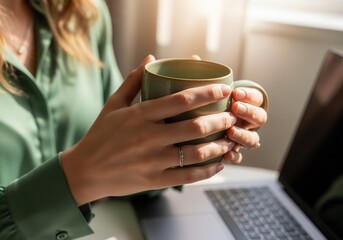A woman's hands holding a green mug of coffee while working on a laptop. Taking a break in a home office with warm morning light. Remote work and lifestyle concept
