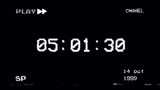 VHS Time Code Overlay Fast Forward Arrows Symbol Effect, Retro Vintage Video Player Animation Loop with Distortion Glitch on Black Screen