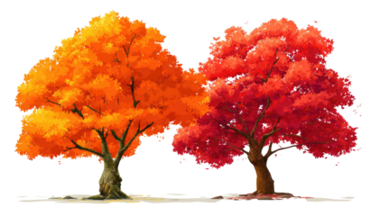 Two stylized trees, one orange, one red, with dark trunks, set against a transparent background