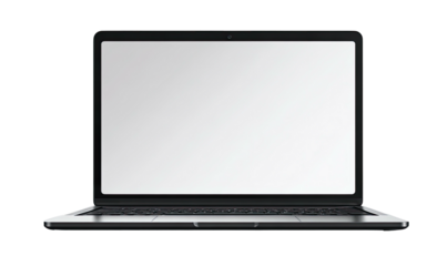 Front view of a modern, open laptop computer with a blank screen, set against a black backdrop