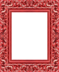 Carved handmade red wooden rectangular frame with copy space on white background for easy selection
