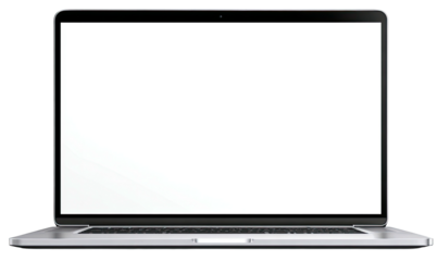 Open laptop with bright, blank screen, angled slightly, against black background. Realistic render