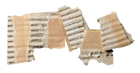 Heap or stack of isolated torn pieces of brown corrugated cardboard with texture and fine details, transparent png background design element