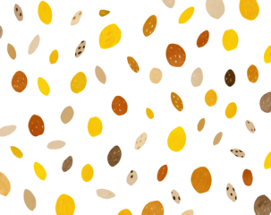 Scattered abstract shapes in shades of yellow, brown, and beige, set against a black background