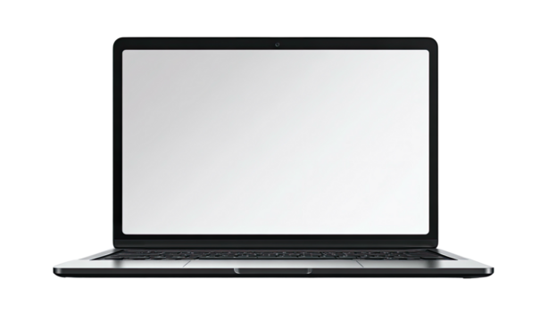 Front view of a modern, open laptop computer with a blank screen, set against a black backdrop