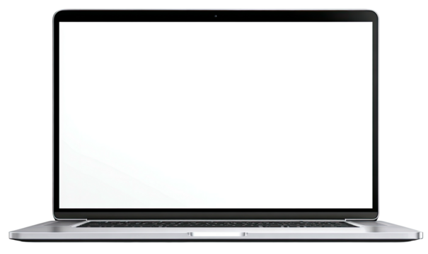 Open laptop with bright, blank screen, angled slightly, against black background. Realistic render