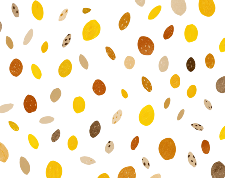 Scattered abstract shapes in shades of yellow, brown, and beige, set against a black background - Powered by Adobe