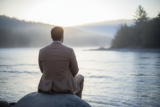 Man in a suit sitting on a rock looking out over a river at sunrise. Businessman contemplating the future in a natural landscape. Solitude and reflection concept - Powered by Adobe