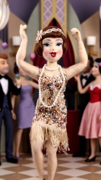 Dancing Woman Puppet Wearing a Flapper Dress at a Party