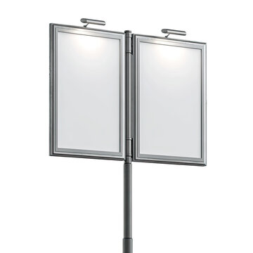 A metallic double-sided outdoor advertising billboard with a dark background and overhead lighting
