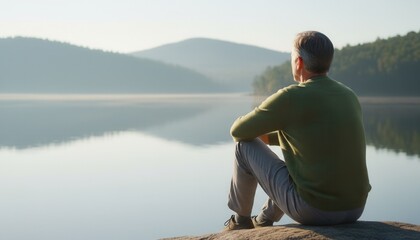 Fototapeta premium Back view of a mature man sitting on a rock looking out over a misty lake. Contemplation and solitude in a natural landscape. Retirement lifestyle concept with copy space